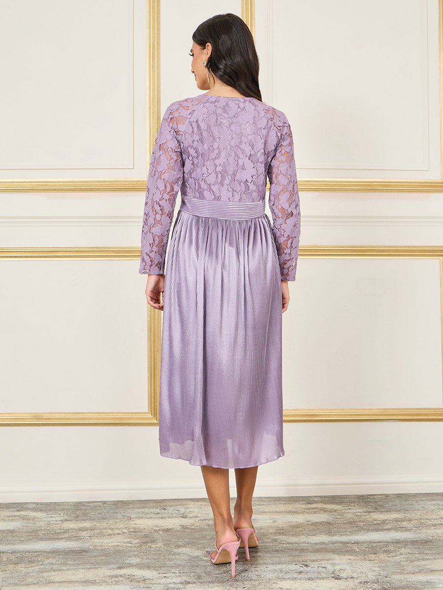 Lace Detail Satin Plisse A-Line Midi Dress For Women at Kuwait | Styli