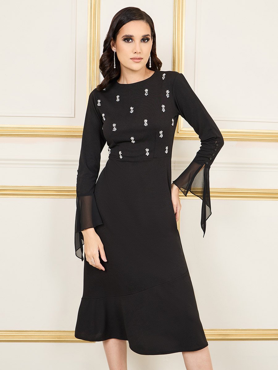 chinese dress ladies Zapaka Women Ivory Mermaid Midi Engagement Dress with Sleeves Boat Neck Ruched Rehearsal Dinner Dress, Ivory / US20W main image 0