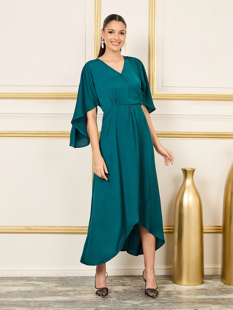 knee length dresses for ladies Destiny Yellow Satin Asymmetric-Neck Midi Dress With Feather Details – Club  L London main image 0