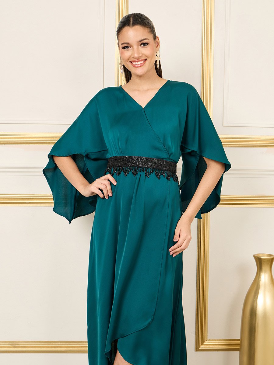Satin Asymmetric Hem Midi Dress with Beaded Belt For Women at Saudi | Styli