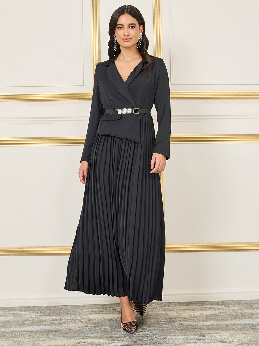 Gemstone Belted Pleated Blazer Maxi Dress For Women at Saudi | Styli Gemstone Belted Pleated Blazer Maxi Dress For Women at Saudi | Styli