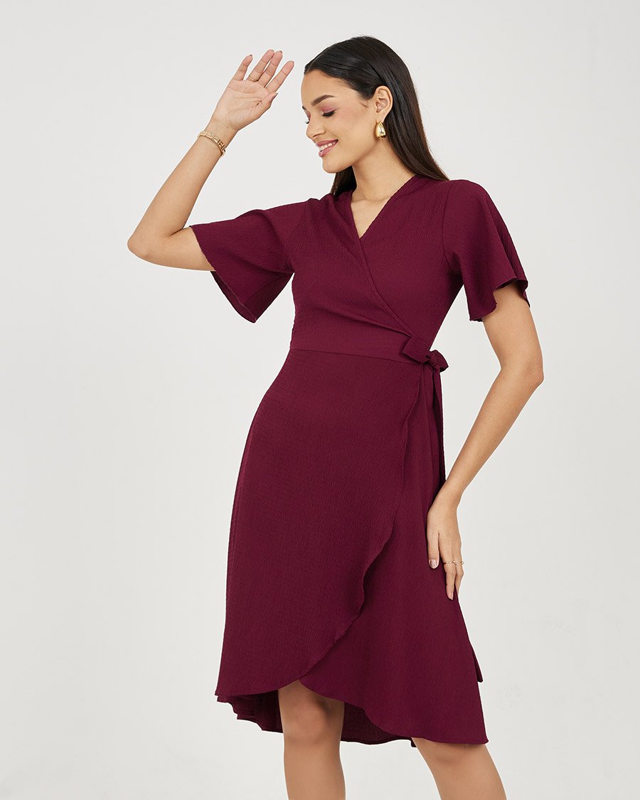 Textured Wrap Knee Length Dress with Tie Waist