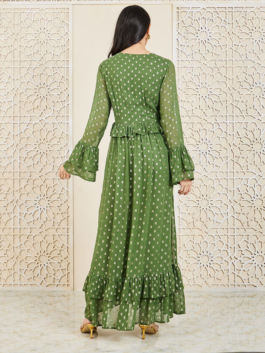 Lurex Dobby Ruffle Layer A-Line Maxi Dress