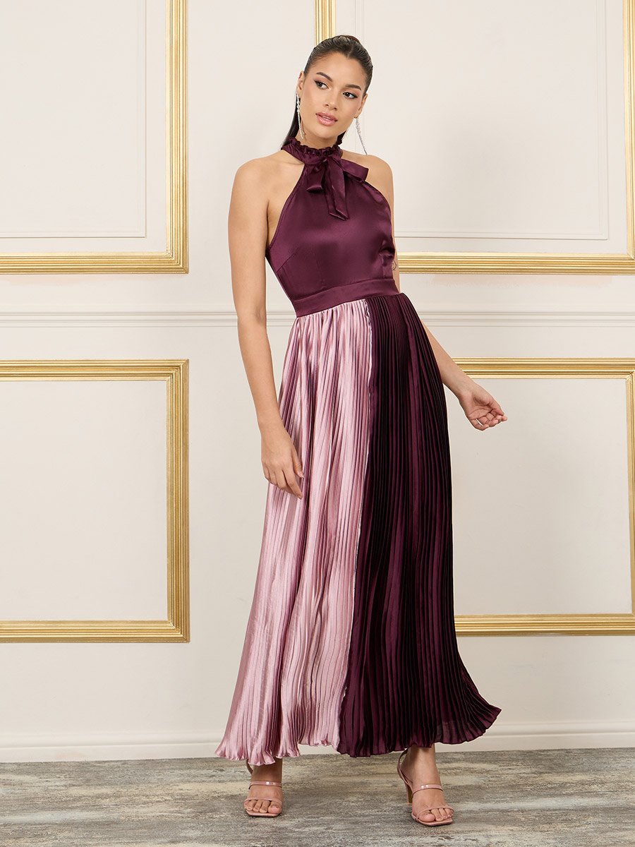 Colorblock Pleated Halter Neck A-Line Maxi Dress