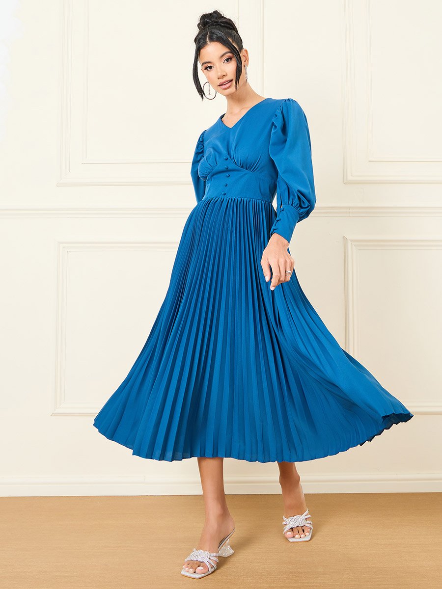 Accordion Pleats Button Detail A-Line Midi Dress For Women at UAE | Styli Accordion Pleats Button Detail A-Line Midi Dress For Women at UAE | Styli