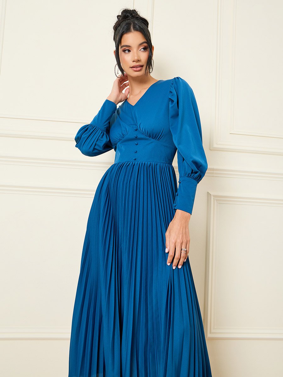Accordion Pleats Button Detail A-Line Midi Dress For Women at Saudi | Styli Accordion Pleats Button Detail A-Line Midi Dress For Women at Saudi | Styli