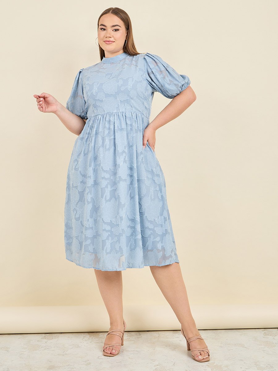 Plus Burnout Texture High Neck A-Line Midi Dress