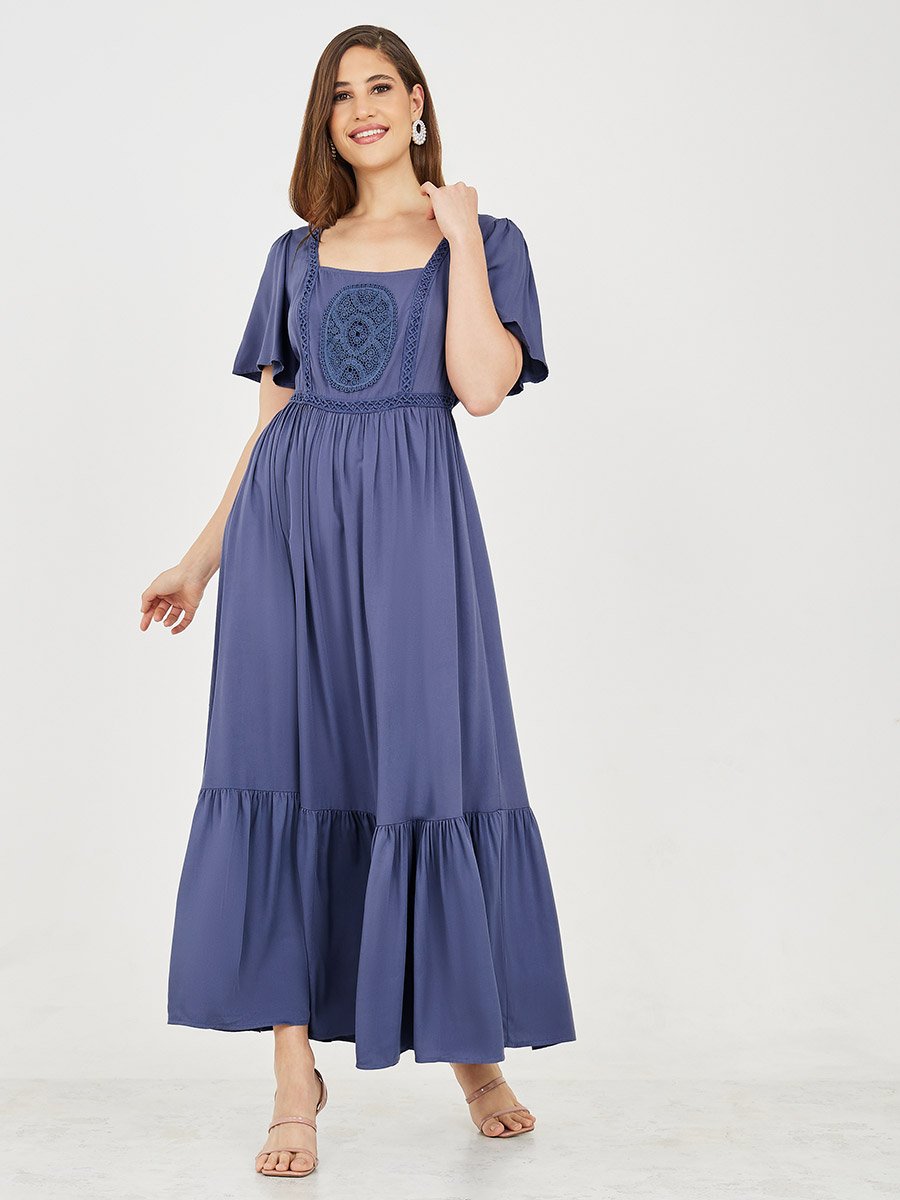Embroidered Square Neck A-Line Maxi Dress