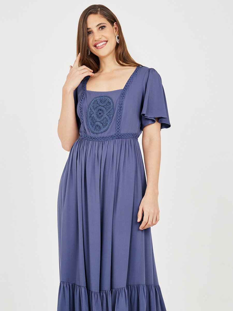 Embroidered Square Neck A-Line Maxi Dress