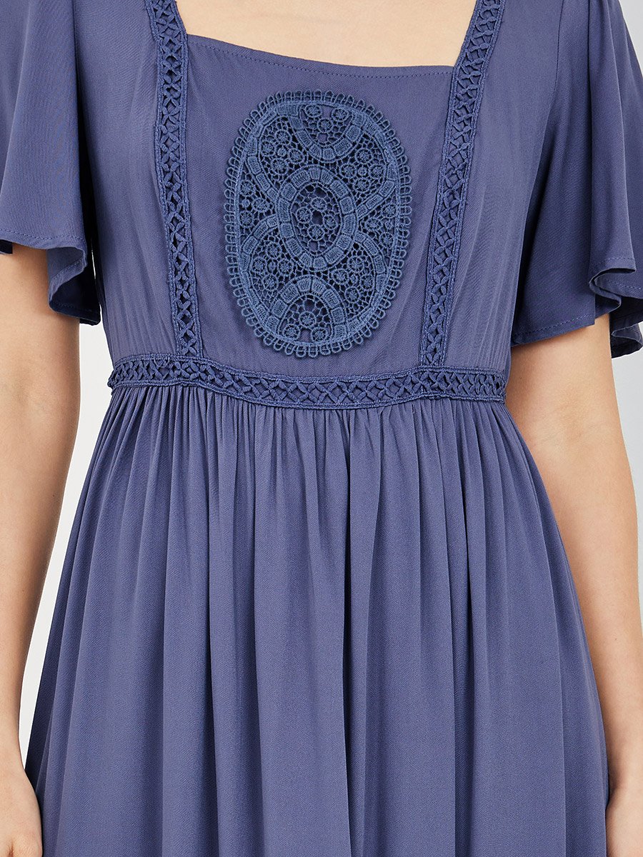 Embroidered Square Neck A-Line Maxi Dress