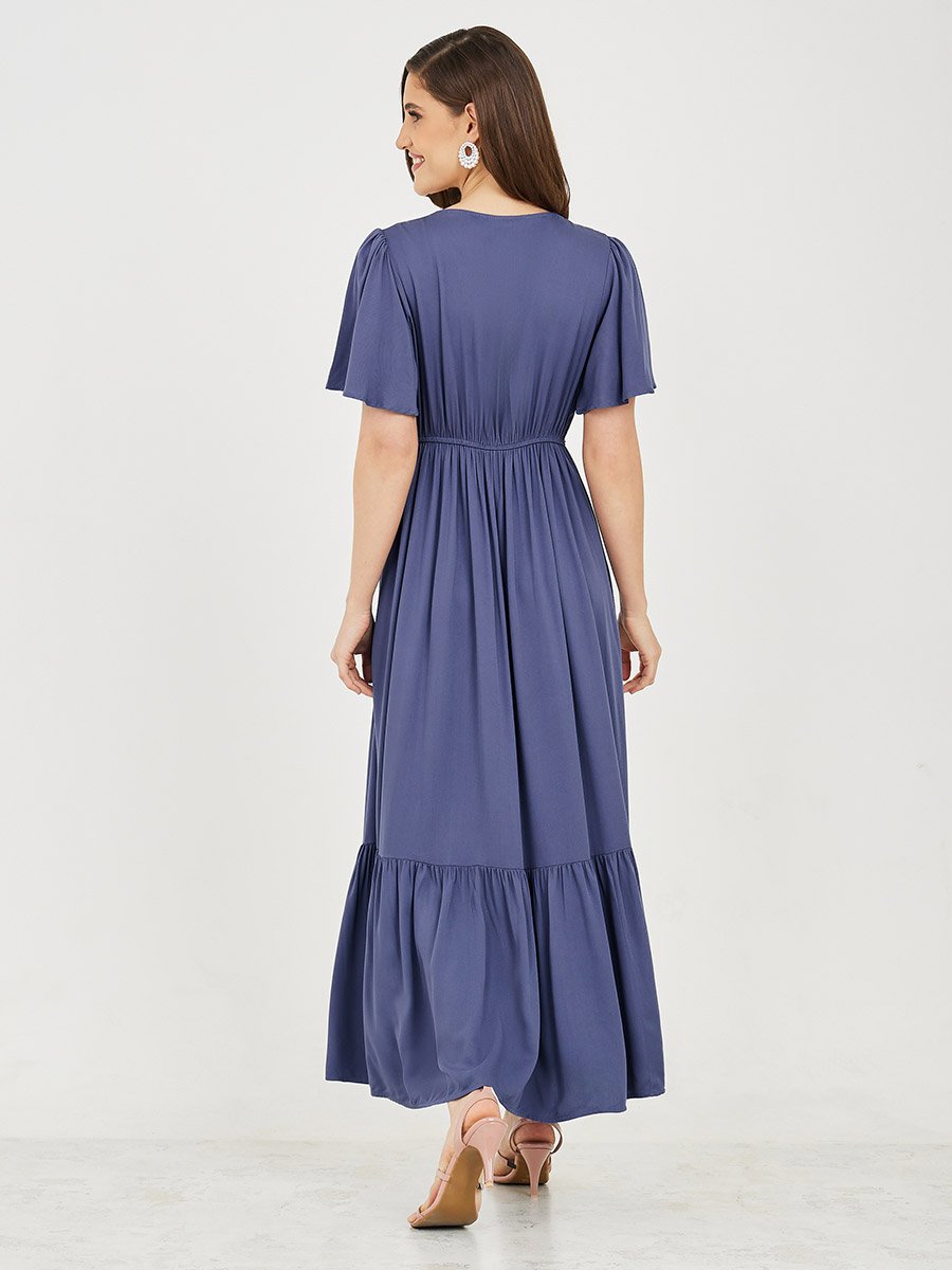 Embroidered Square Neck A-Line Maxi Dress