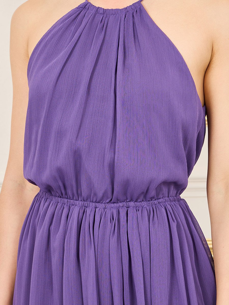 Solid Crinkle Halter Neck Sheath Maxi Dress