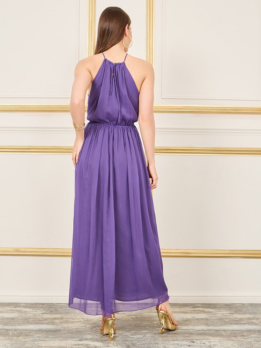 Solid Crinkle Halter Neck Sheath Maxi Dress