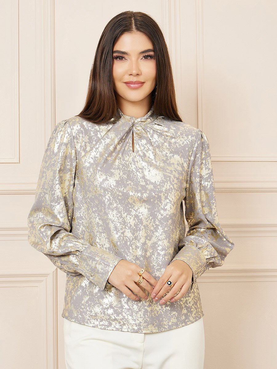 Foil Print Twist Detail High Neck Top