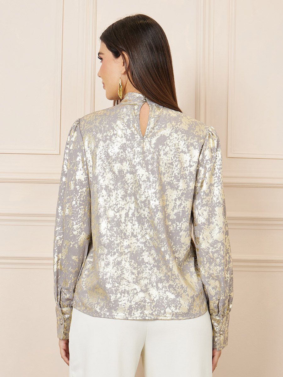 Foil Print Twist Detail High Neck Top