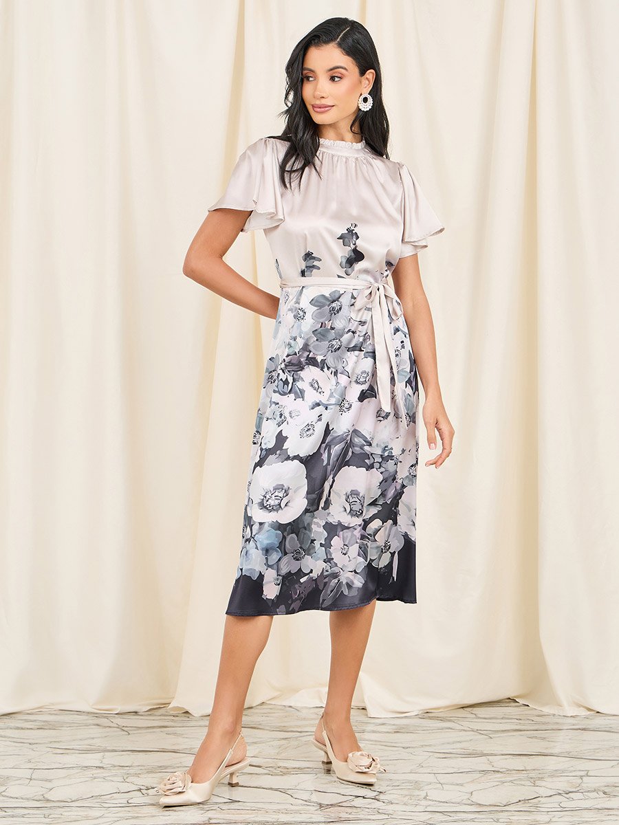 Satin Printed High Neck Self Tie Up Midi Dress For Women at Kuwait | Styli