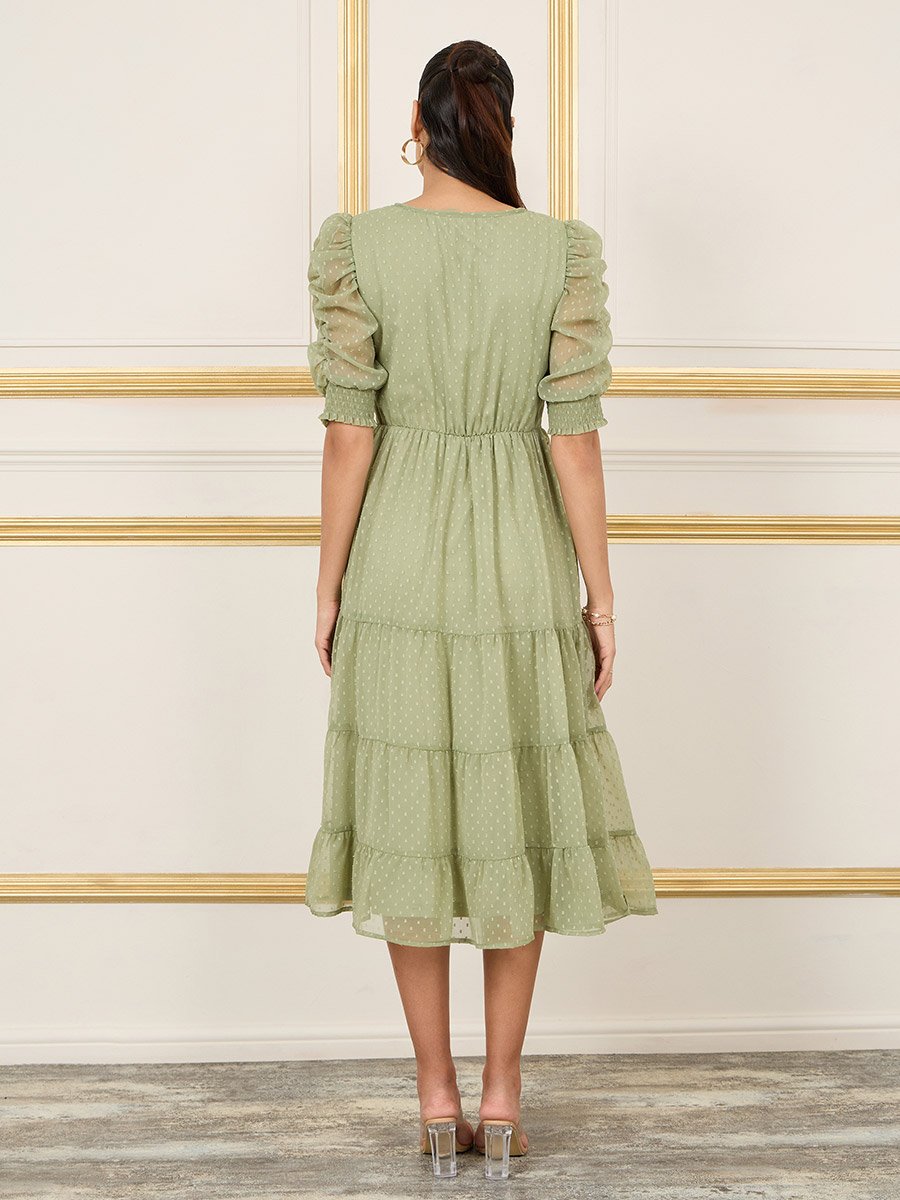 tiered midi dress with ruched waist Morning Meadow Ruched Tiered Midi Dress VICI