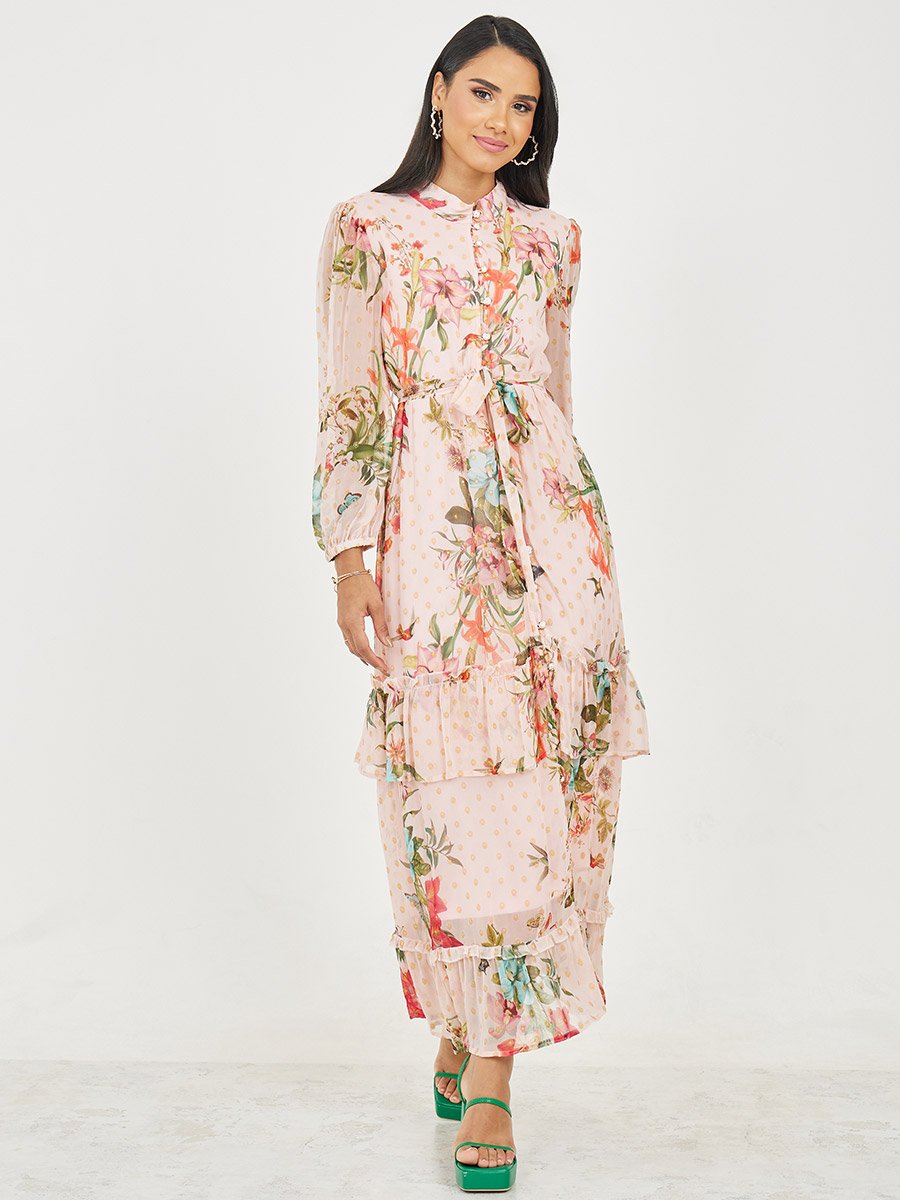 Floral Print Button Loop Closure Tiered Maxi Dress with Self Tie Up