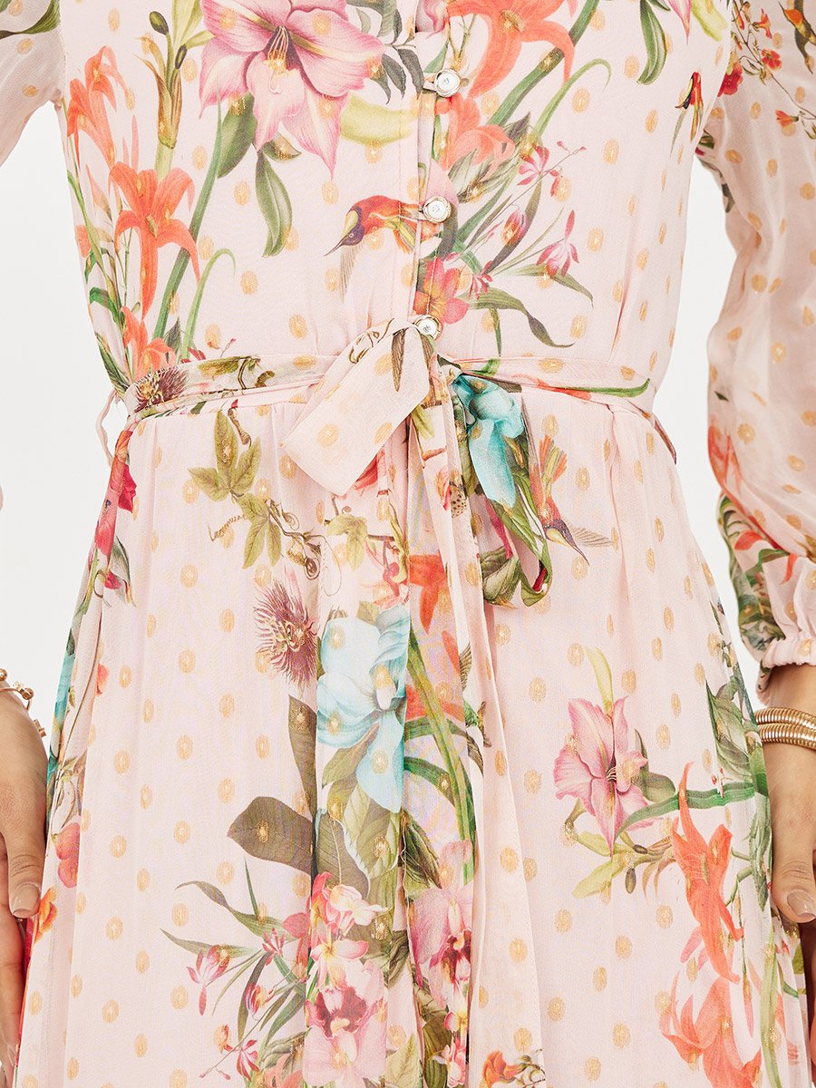 Floral Print Button Loop Closure Tiered Maxi Dress with Self Tie Up