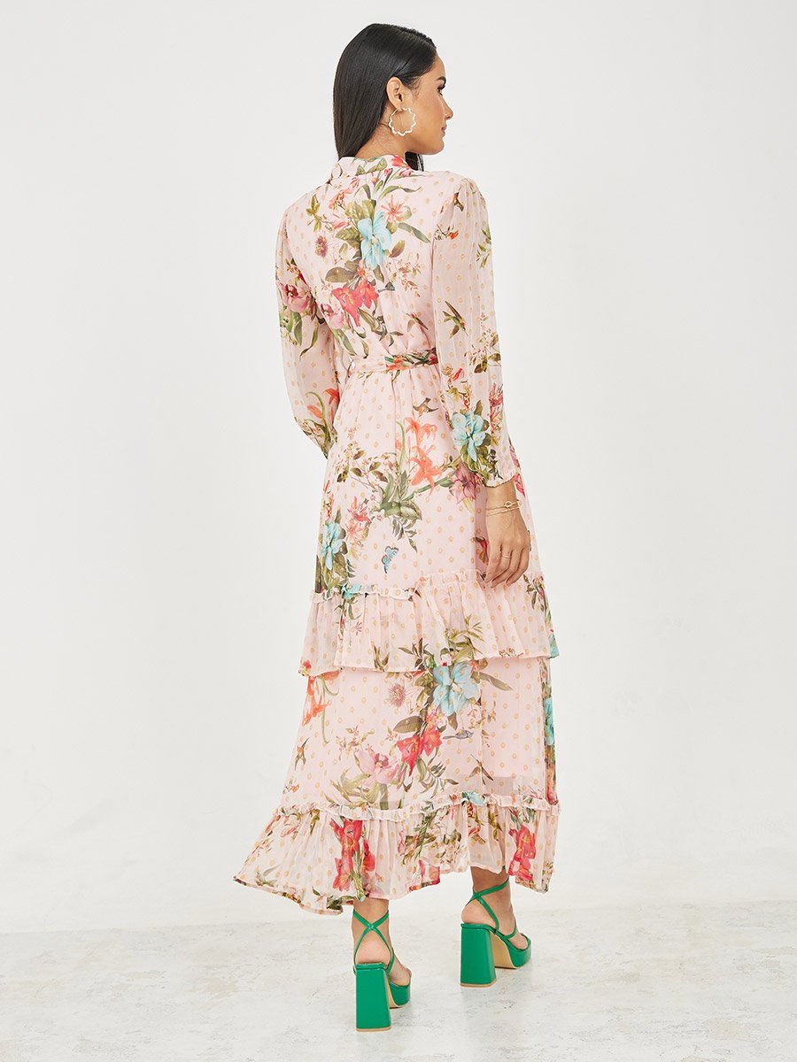 Floral Print Button Loop Closure Tiered Maxi Dress with Self Tie Up