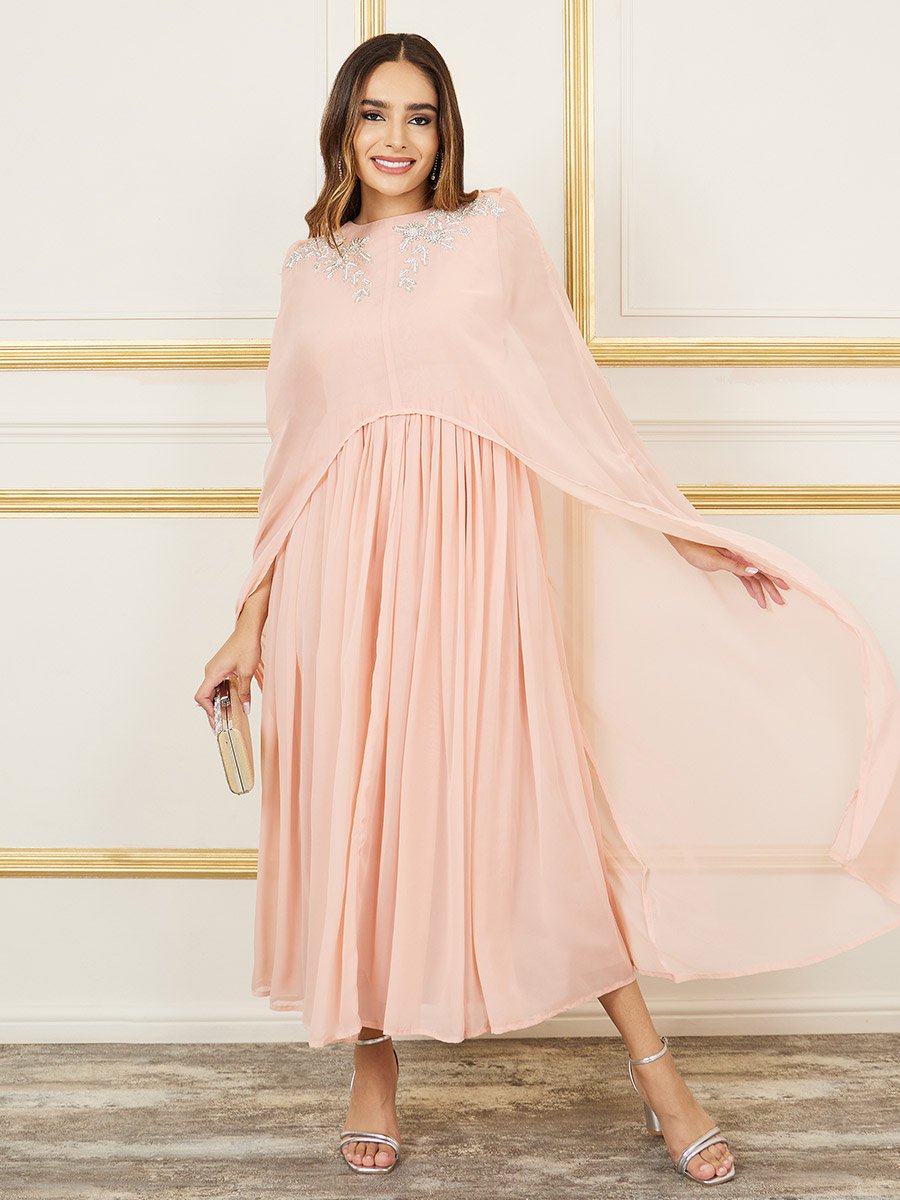 Embellished Cape Style Pleated A Line Maxi Dress For Women at Kuwait | Styli