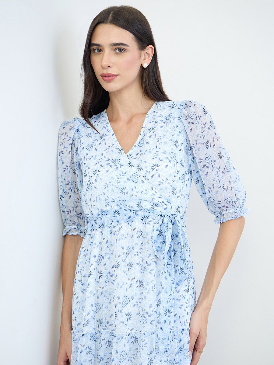 Blue Floral Wrap Front Midi Dress