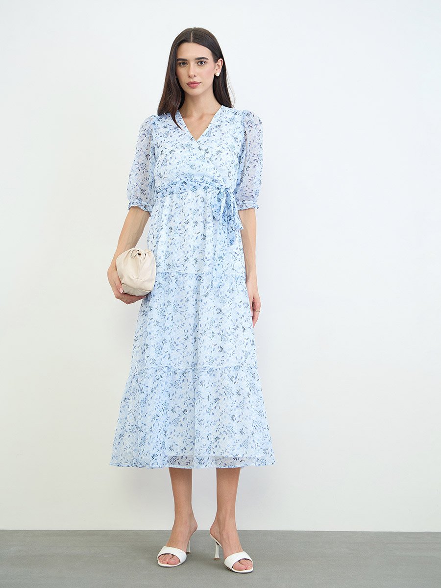 Blue Floral Wrap Front Midi Dress