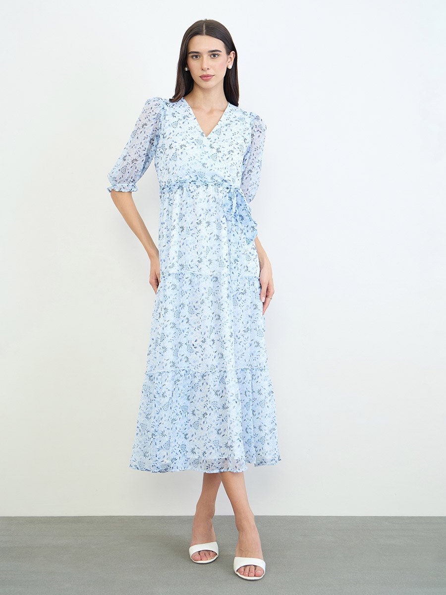 Blue Floral Wrap Front Midi Dress
