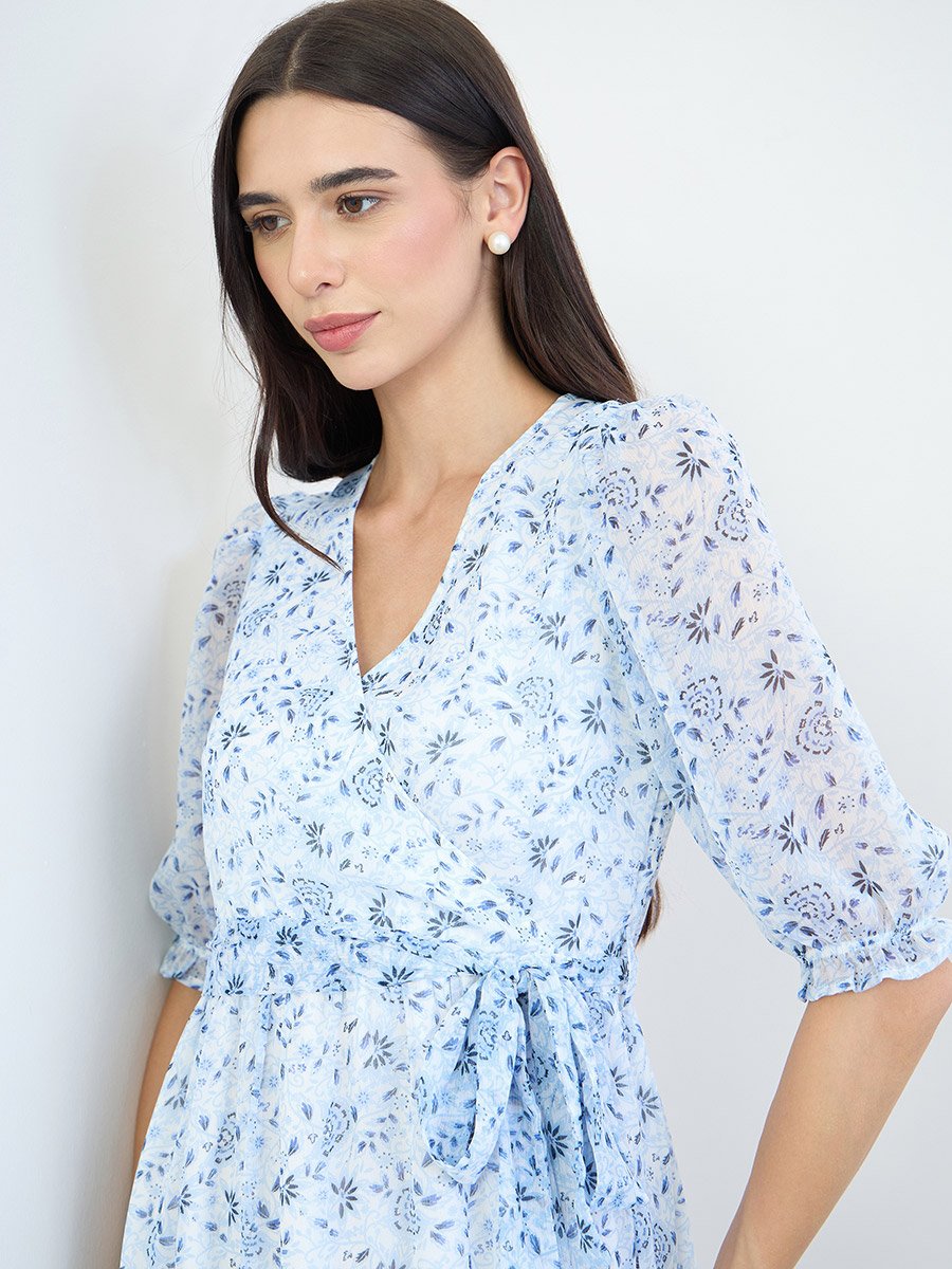 Blue Floral Wrap Front Midi Dress