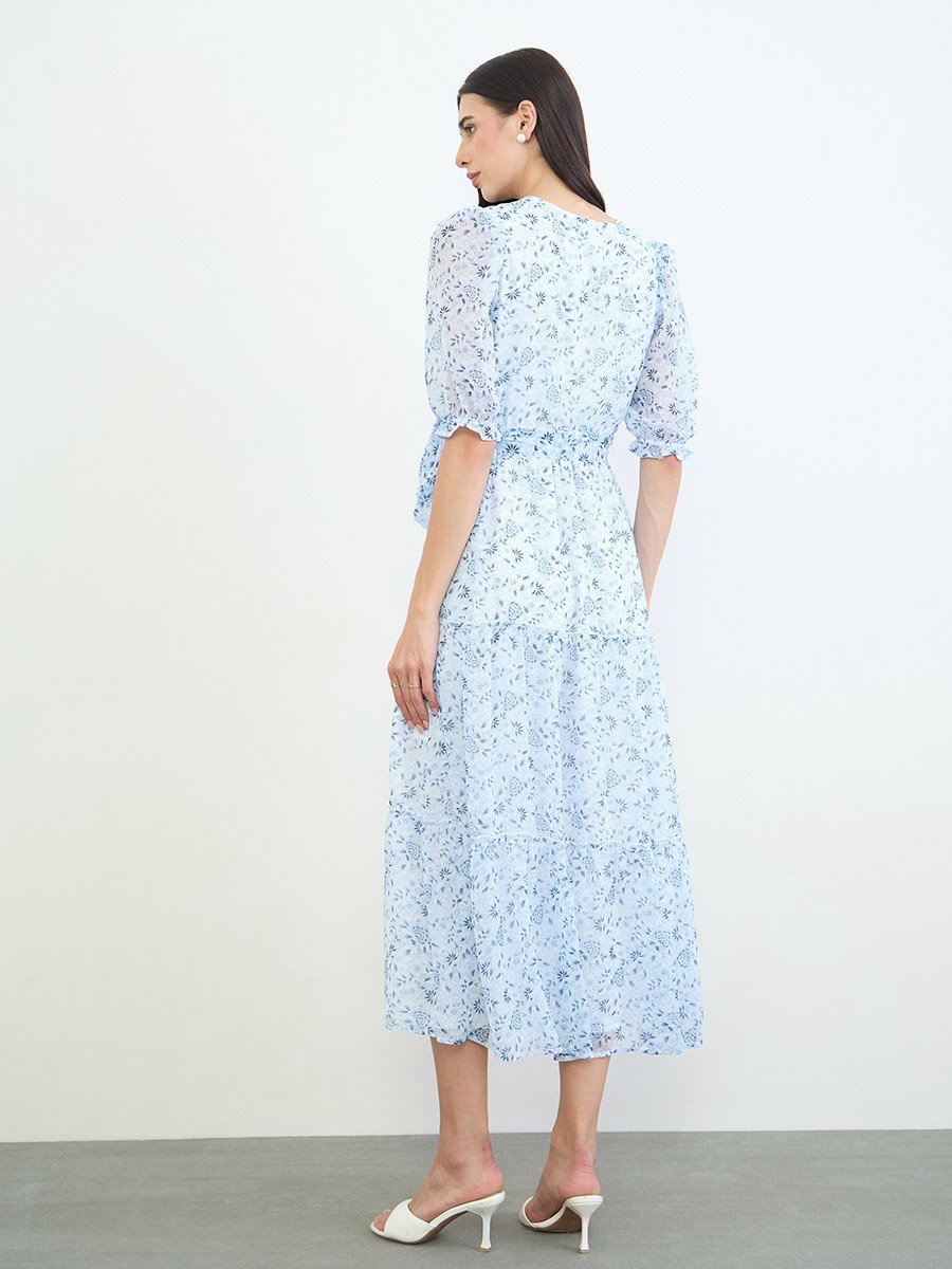 Blue Floral Wrap Front Midi Dress