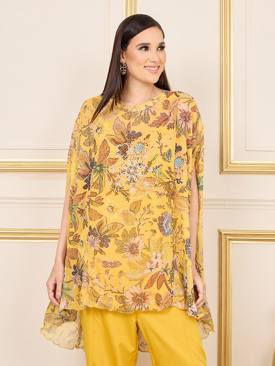 Floral Print Cape Sleeves Longline Top and Flared Pant Co-ord