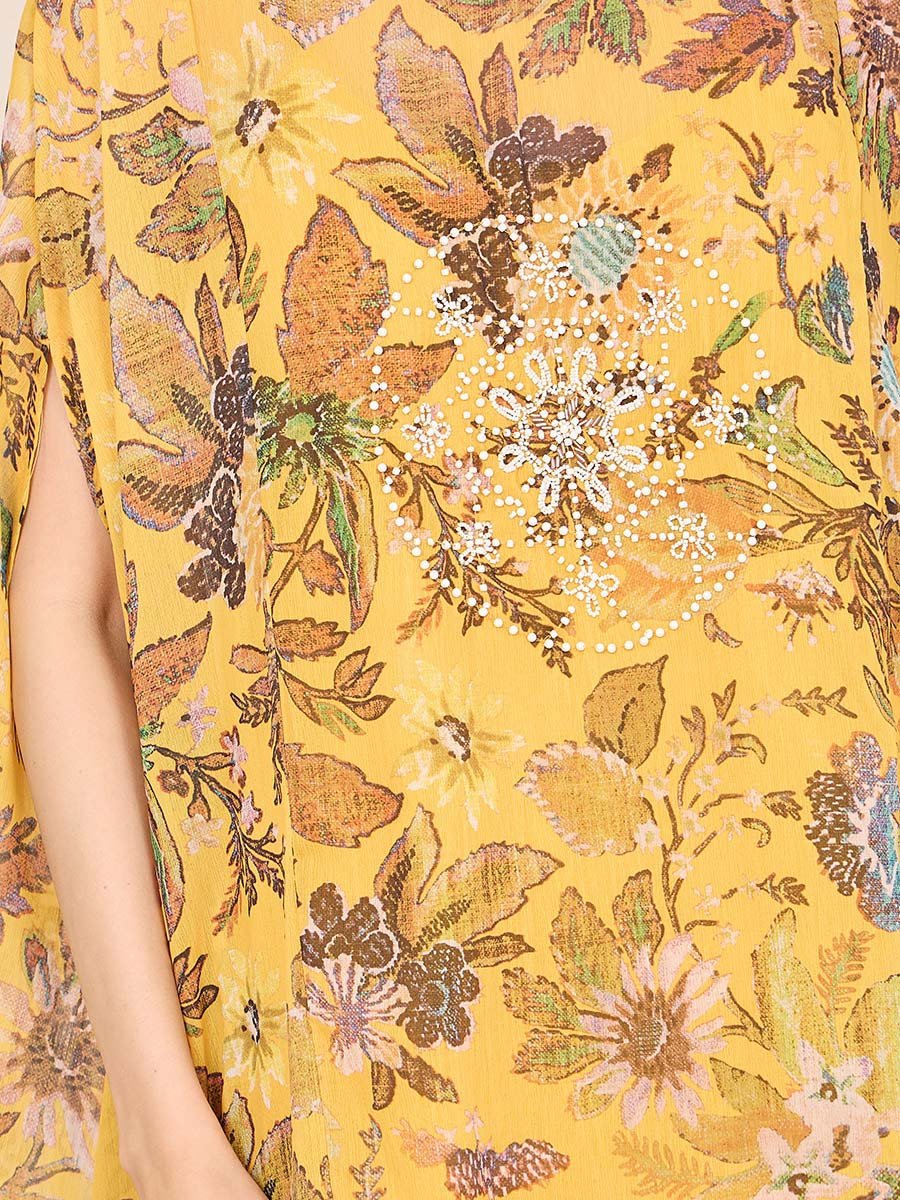 Floral Print Cape Sleeves Longline Top and Flared Pant Co-ord