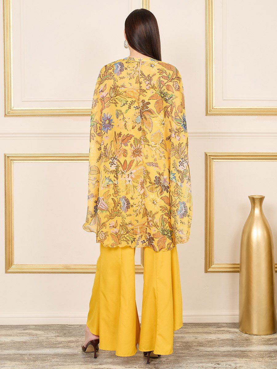 Floral Print Cape Sleeves Longline Top and Flared Pant Co-ord