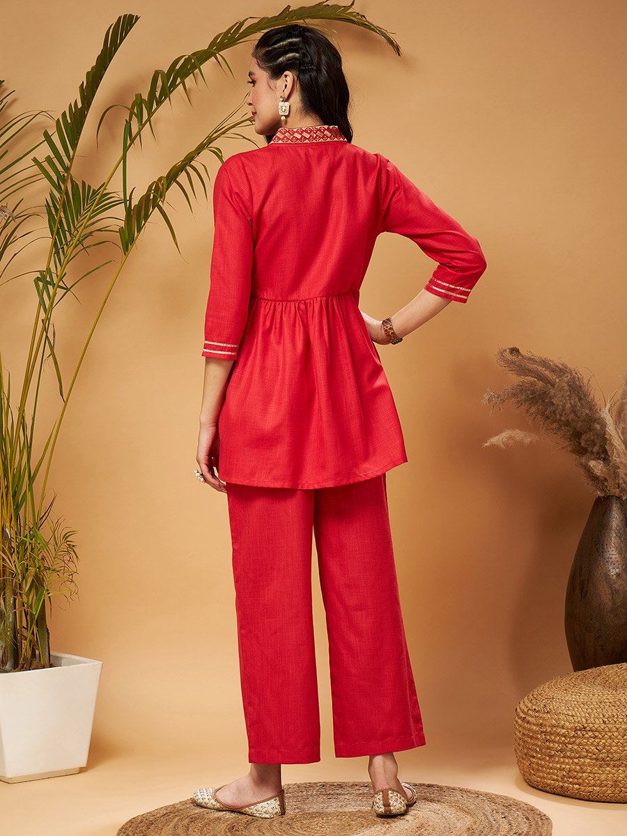 Embroidered Gathered Detail Peplum Top and Wide Leg Set