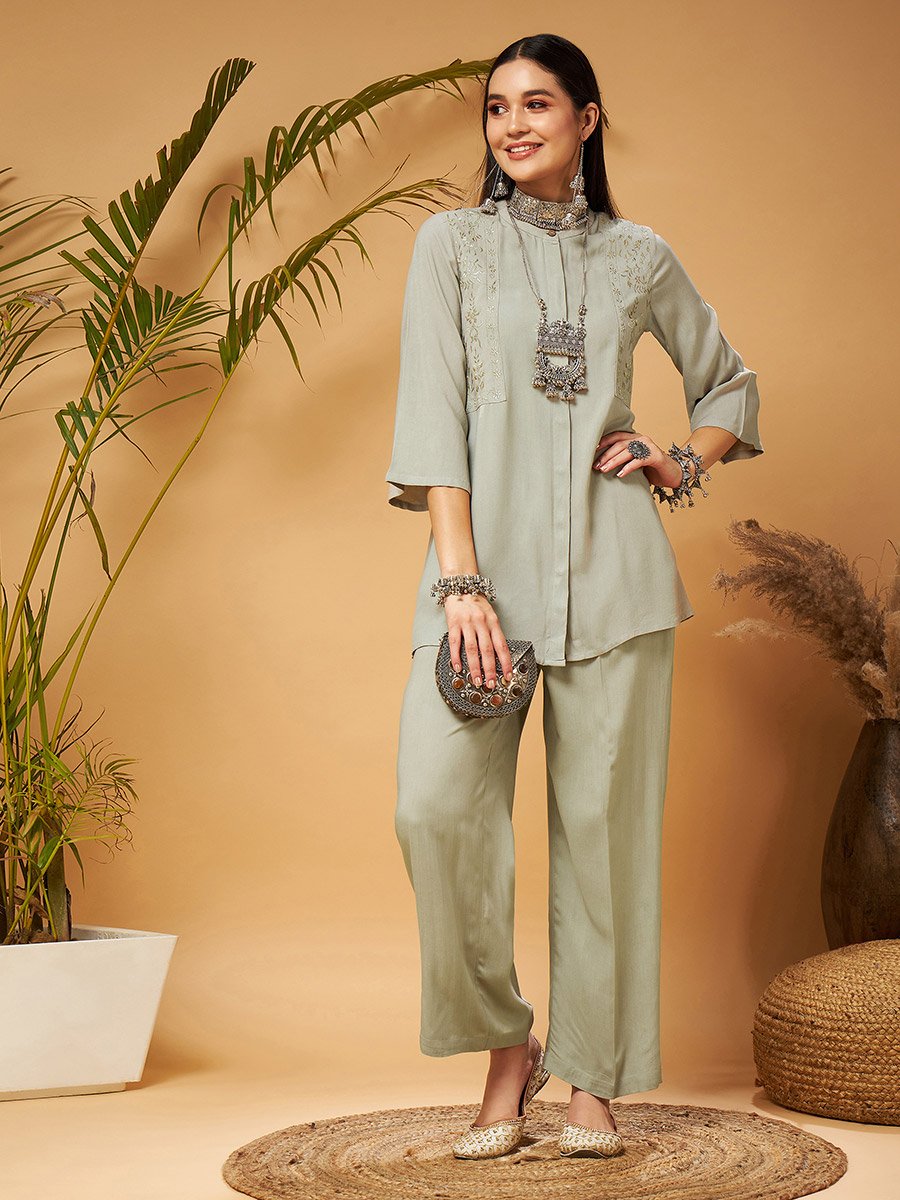 Embroidered Longline Top and Palazzos Set