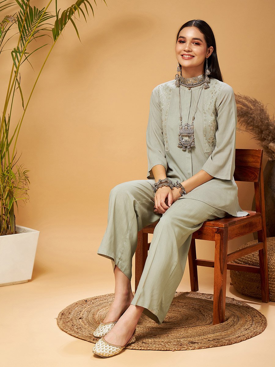 Embroidered Longline Top and Palazzos Set