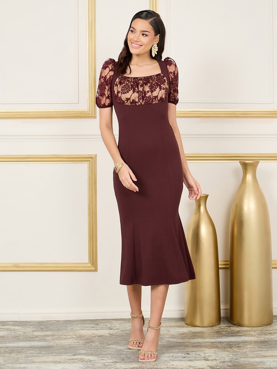 midi mermaid dress with sleeves Pink V Neck Lace Floral Mermaid Midi Dress & Reviews - Pink - Dresses