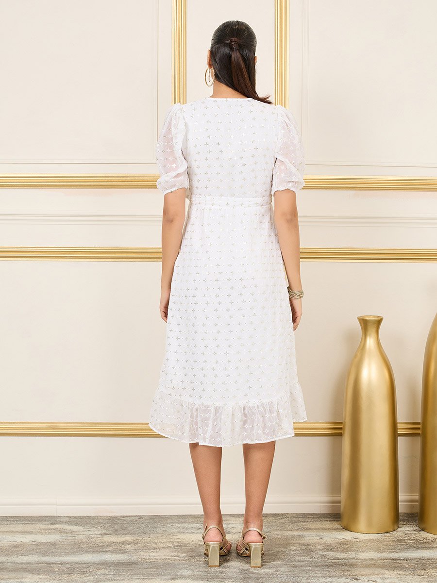Sequin Detail Puff Sleeves Wrap Midi Dress For Women at Saudi | Styli