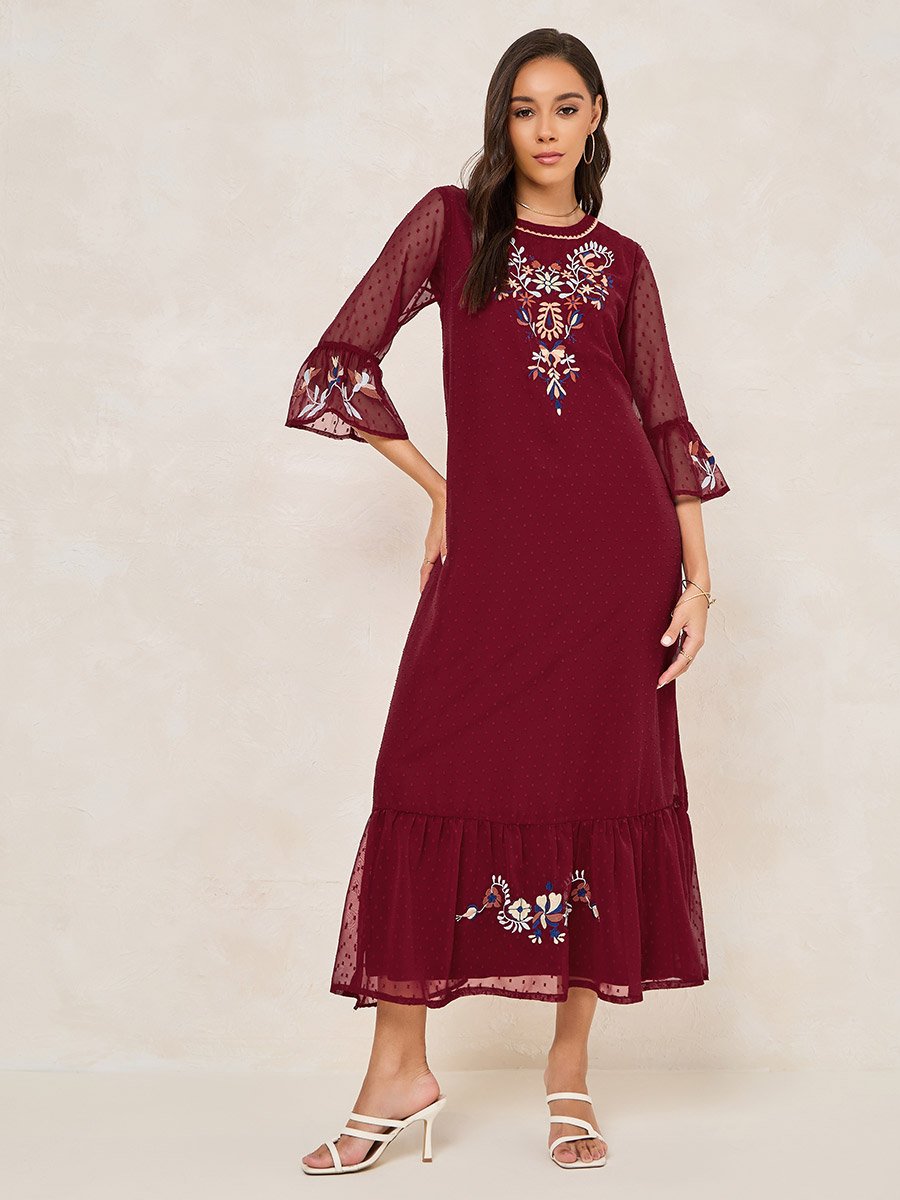 Embroidery Detail Dobby Shift Maxi Dress