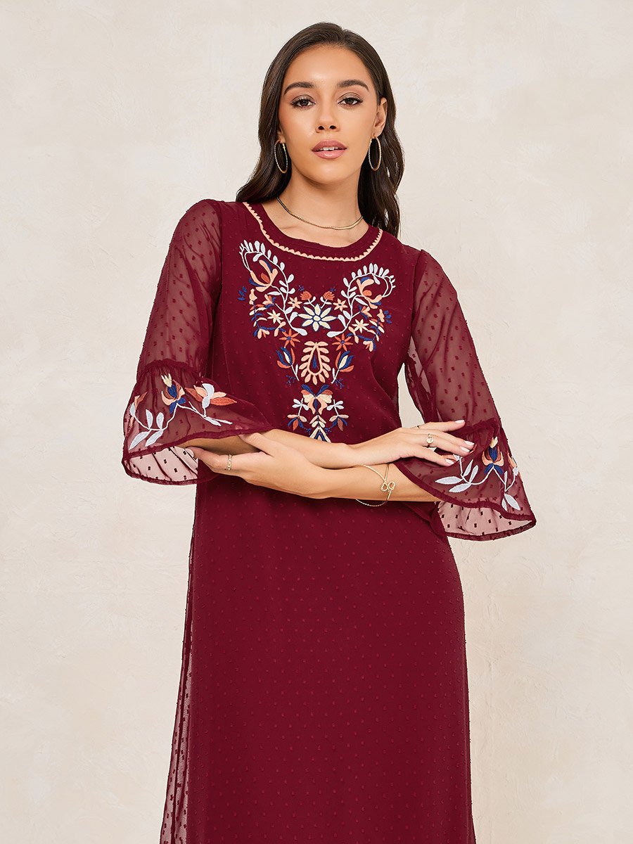 Embroidery Detail Dobby Shift Maxi Dress