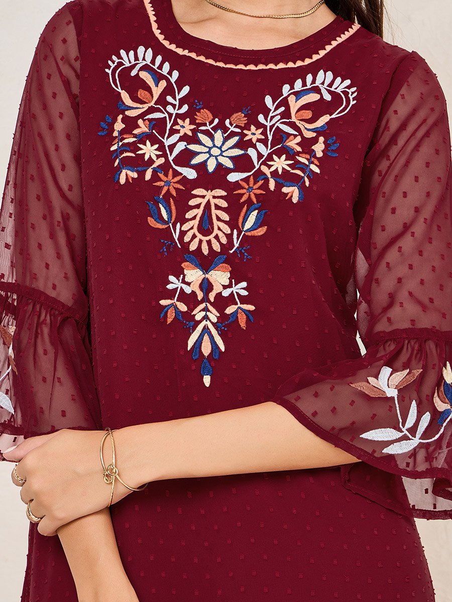 Embroidery Detail Dobby Shift Maxi Dress