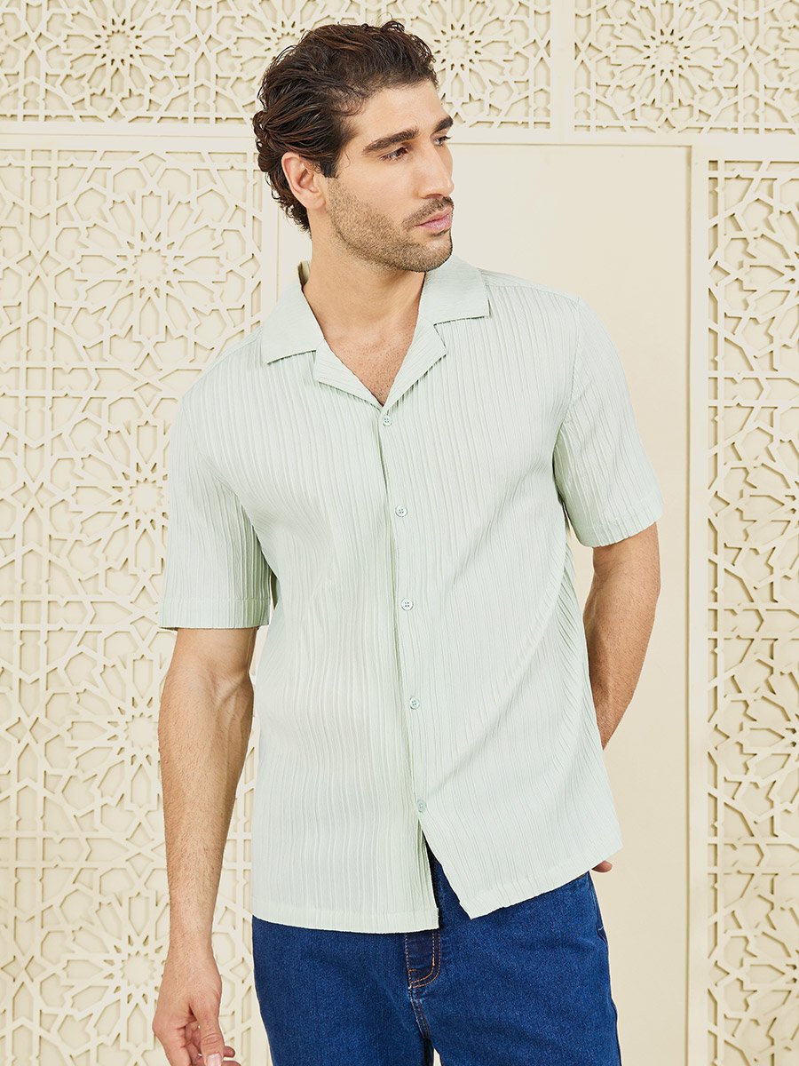 Striped Textured Woven Camp Cuban Collar Relaxed Fit Shirt