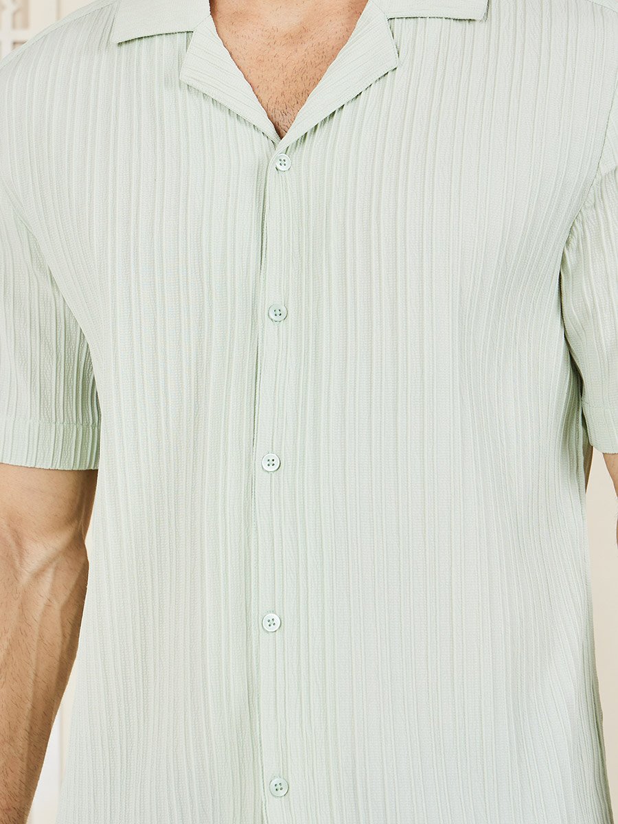Striped Textured Woven Camp Cuban Collar Relaxed Fit Shirt