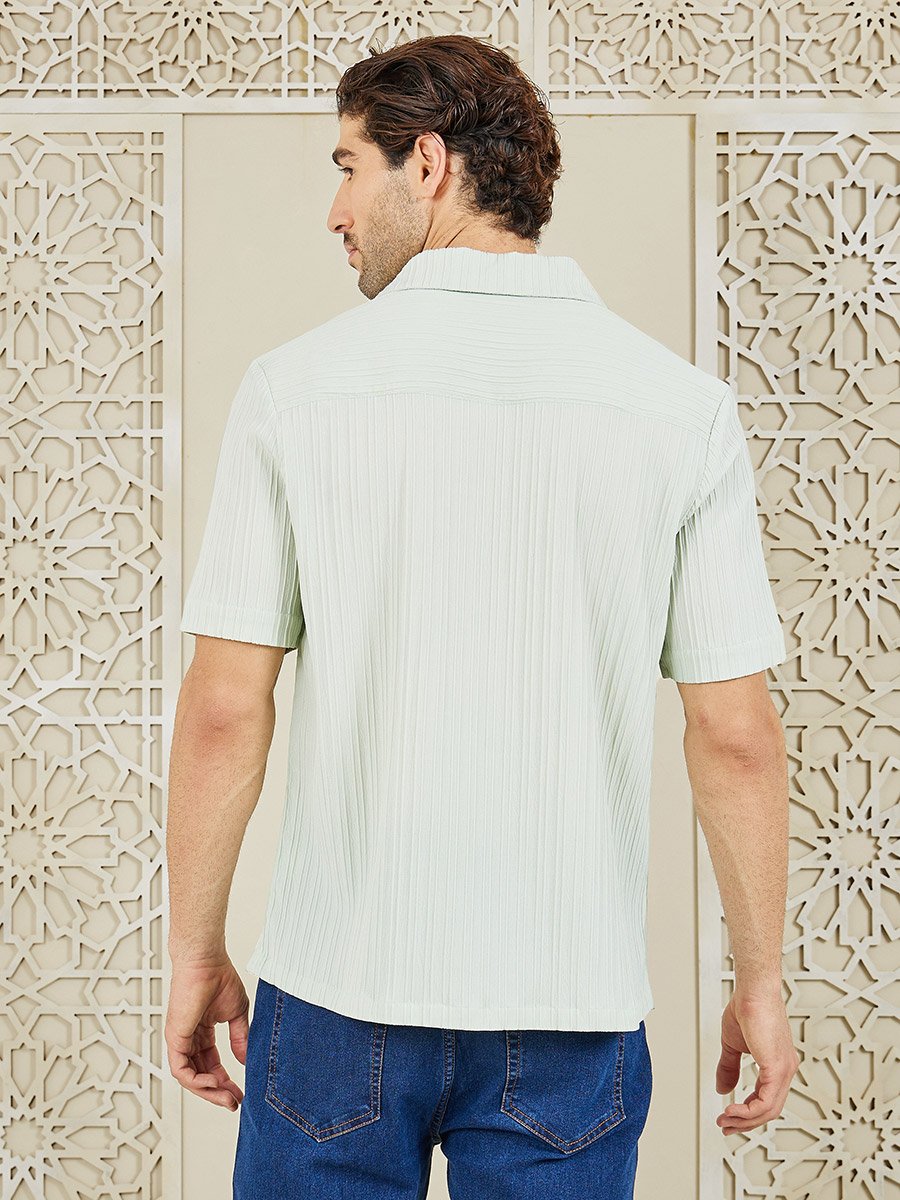 Striped Textured Woven Camp Cuban Collar Relaxed Fit Shirt