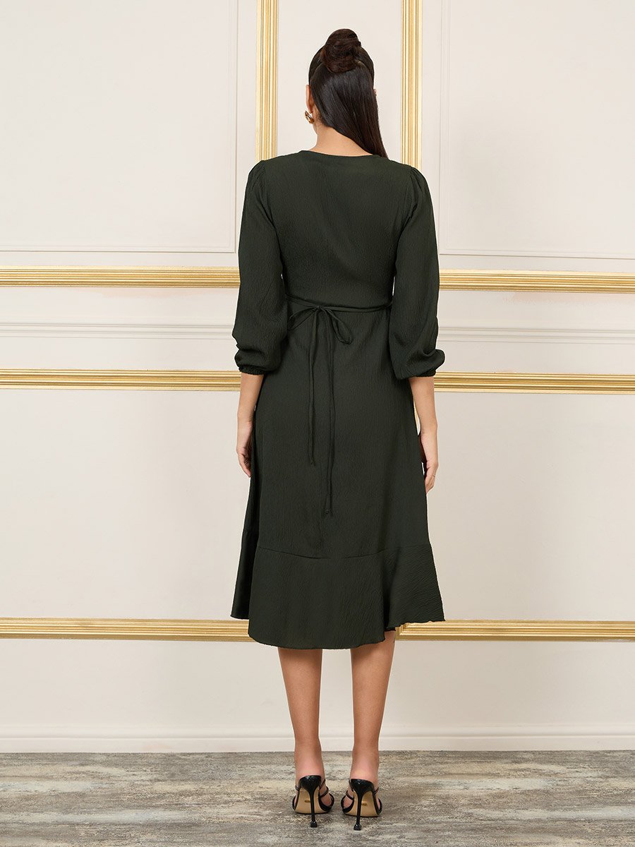 Crepe Ruffle Hem Wrap Midi Dress