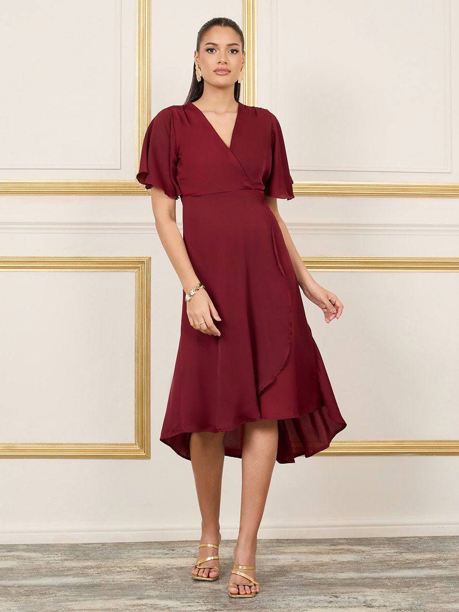 Satin Asymmetric Hem Wrap Midi Dress For Women at Bahrain | Styli Satin Asymmetric Hem Wrap Midi Dress For Women at Bahrain | Styli