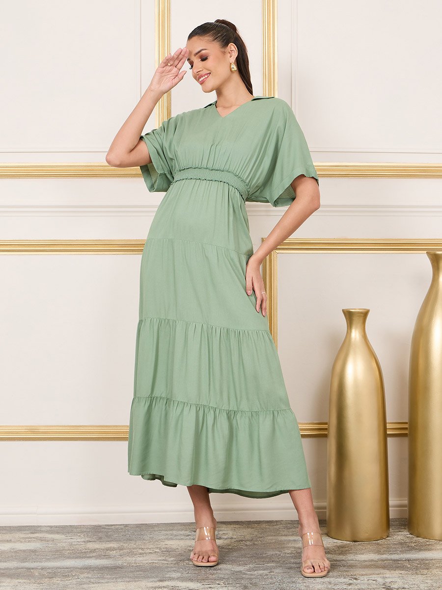 Smocked Waist Jonny Neck Tiered Maxi Dress