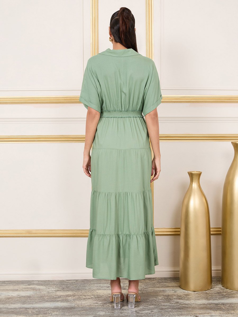 Smocked Waist Jonny Neck Tiered Maxi Dress