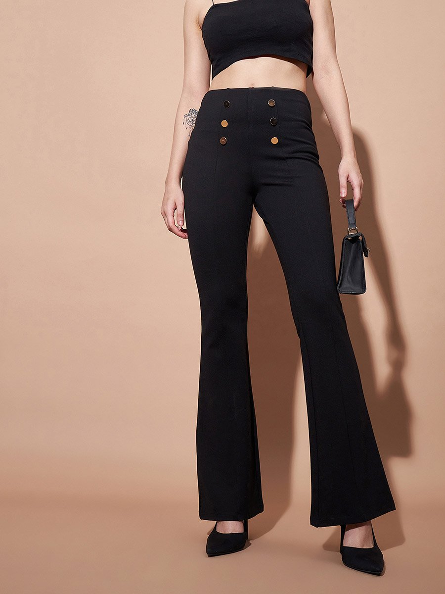 High Rise Gold Show Button Detail Flare Pants