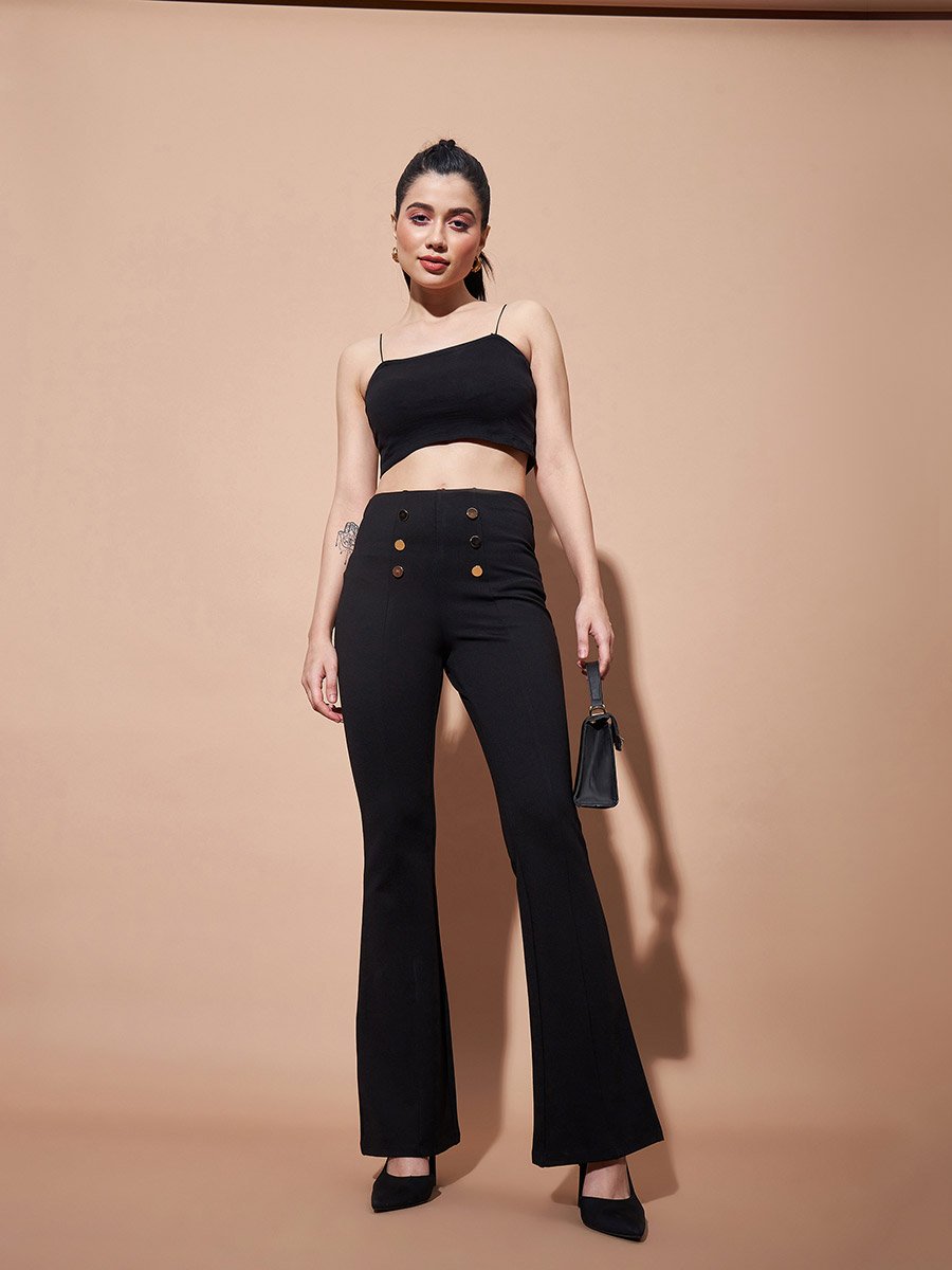 High Rise Gold Show Button Detail Flare Pants